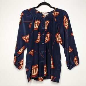 Tucker NYC Classic Blouse Midnight Begonias in Crepe de Chine Silk Top Smock